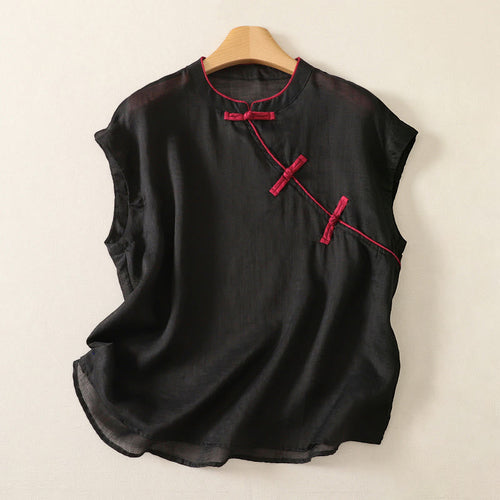Buddha Stones Summer Tang Style Casual Frog Button Solid Tank Top Women's Sleeveless Shirts