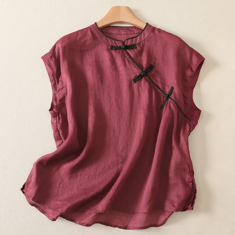 Buddha Stones Summer Tang Style Casual Frog Button Solid Tank Top Women's Sleeveless Shirts
