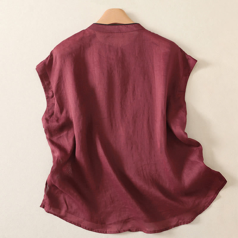 Buddha Stones Summer Tang Style Casual Frog Button Solid Tank Top Women's Sleeveless Shirts