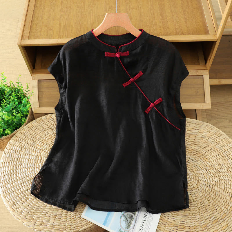Buddha Stones Summer Tang Style Casual Frog Button Solid Tank Top Women's Sleeveless Shirts