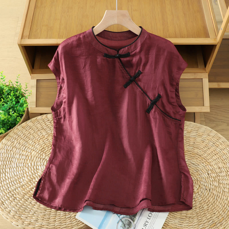 Buddha Stones Summer Tang Style Casual Frog Button Solid Tank Top Women's Sleeveless Shirts