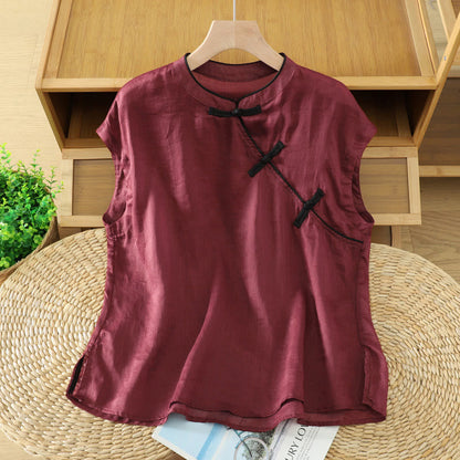 Buddha Stones Summer Tang Style Casual Frog Button Solid Tank Top Women's Sleeveless Shirts