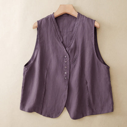 Buddha Stones Summer Casual Minimalist V-Neck Button-Up Solid Tank Top Women's Sleeveless Shirts