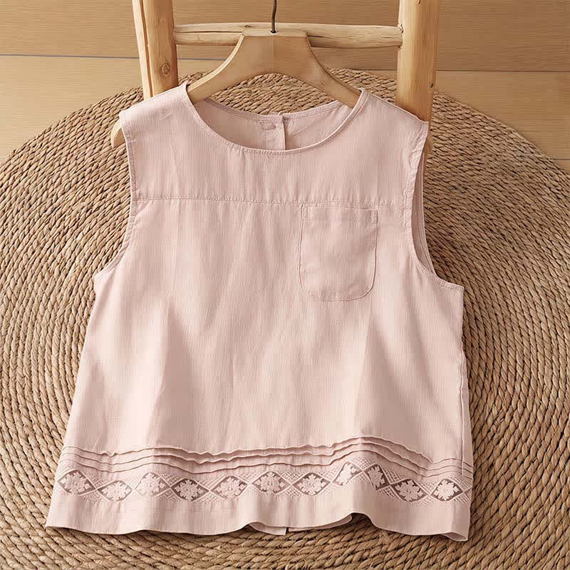 Buddha Stones Summer Casual Vintage Geometric Tank Top Hollow Hem Back Buttons Women's Sleeveless Shirts With Patch Pocket