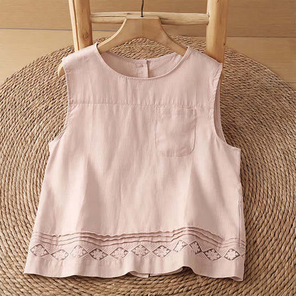 Buddha Stones Summer Casual Vintage Geometric Tank Top Hollow Hem Back Buttons Women's Sleeveless Shirts With Patch Pocket