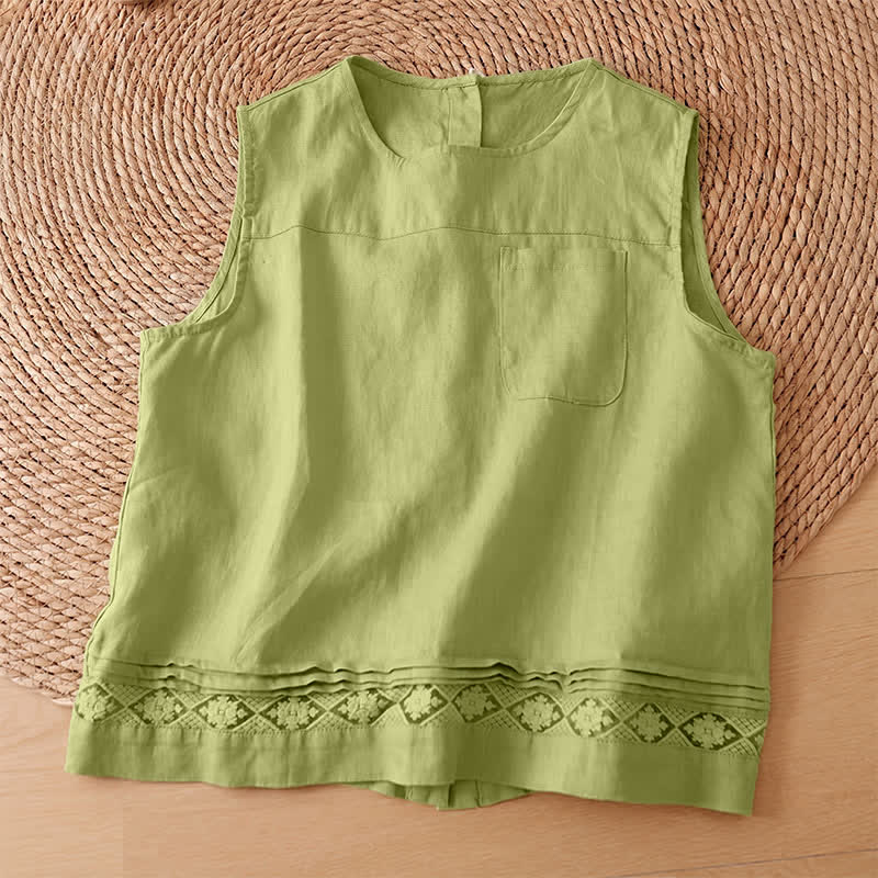 Buddha Stones Summer Casual Vintage Geometric Tank Top Hollow Hem Back Buttons Women's Sleeveless Shirts With Patch Pocket