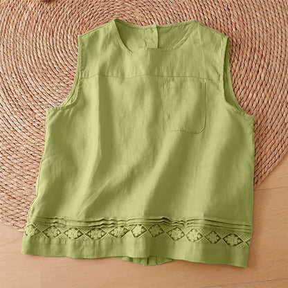 Buddha Stones Summer Casual Vintage Geometric Tank Top Hollow Hem Back Buttons Women's Sleeveless Shirts With Patch Pocket