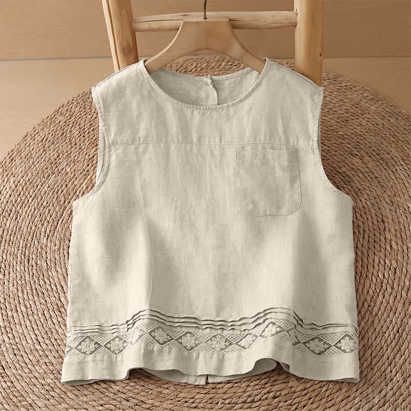 Buddha Stones Summer Casual Vintage Geometric Tank Top Hollow Hem Back Buttons Women's Sleeveless Shirts With Patch Pocket