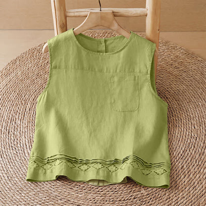 Buddha Stones Summer Casual Vintage Geometric Tank Top Hollow Hem Back Buttons Women's Sleeveless Shirts With Patch Pocket