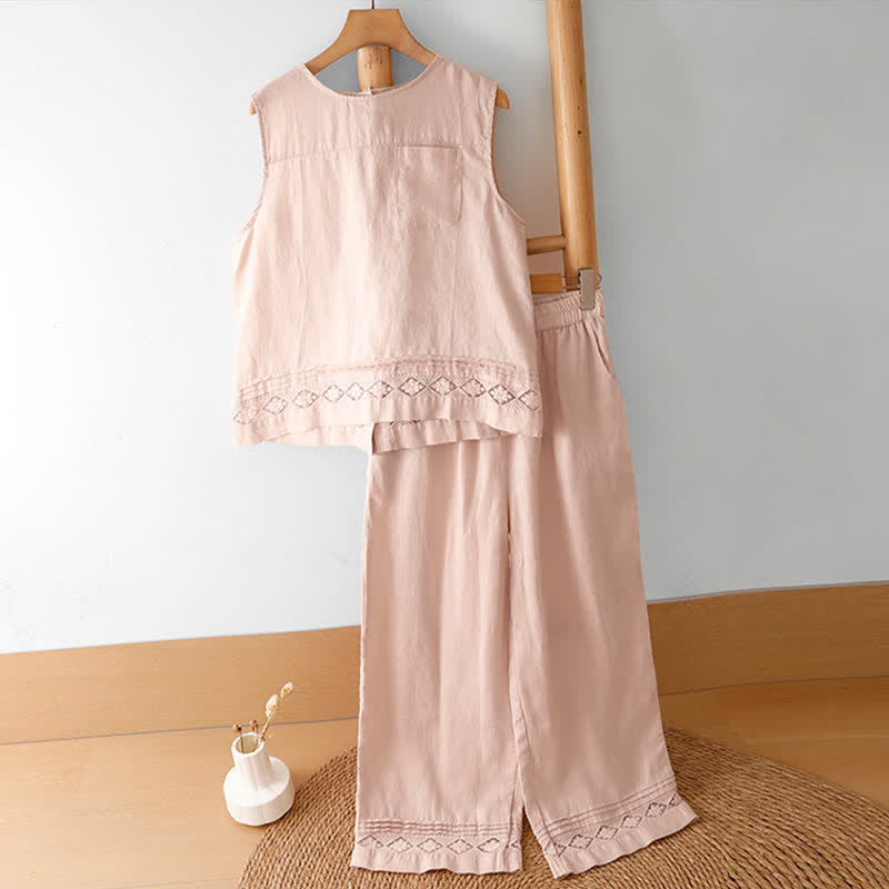 Buddha Stones Summer Casual Vintage Geometric Tank Top Hollow Hem Back Buttons Women's Sleeveless Shirts With Patch Pocket