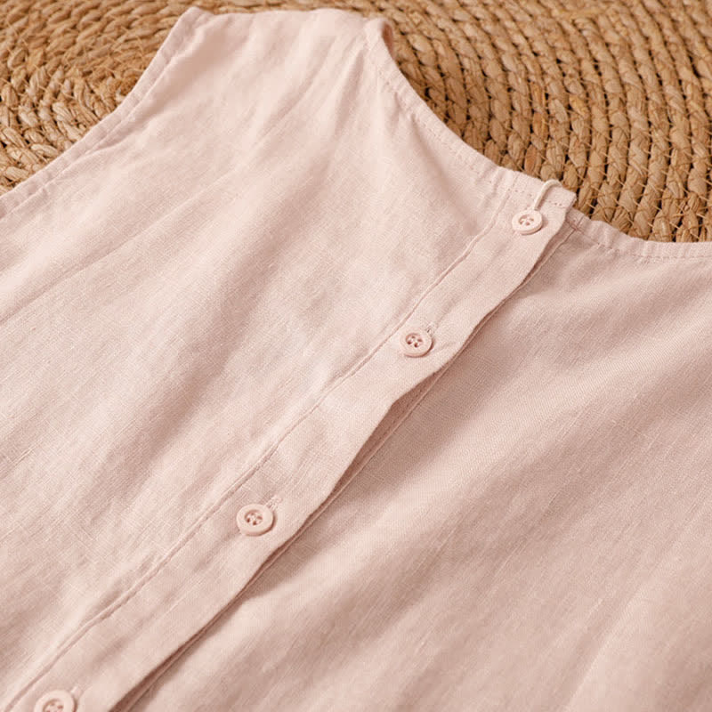 Buddha Stones Summer Casual Vintage Geometric Tank Top Hollow Hem Back Buttons Women's Sleeveless Shirts With Patch Pocket