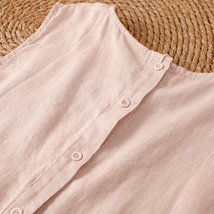 Buddha Stones Summer Casual Vintage Geometric Tank Top Hollow Hem Back Buttons Women's Sleeveless Shirts With Patch Pocket