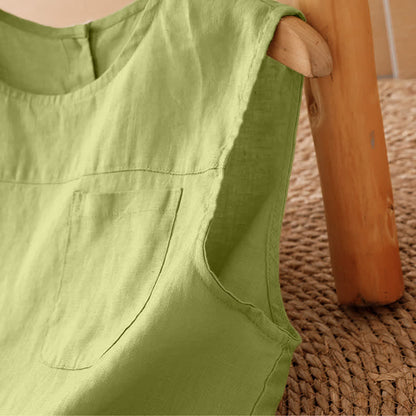 Buddha Stones Summer Casual Vintage Geometric Tank Top Hollow Hem Back Buttons Women's Sleeveless Shirts With Patch Pocket