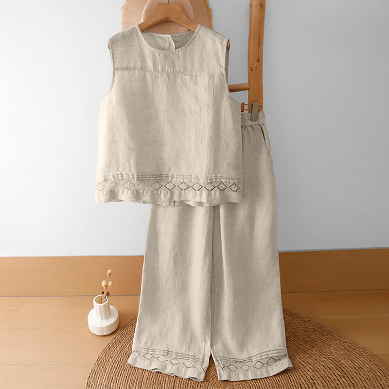 Buddha Stones Summer Casual Vintage Geometric Tank Top Hollow Hem Back Buttons Women's Sleeveless Shirts With Patch Pocket