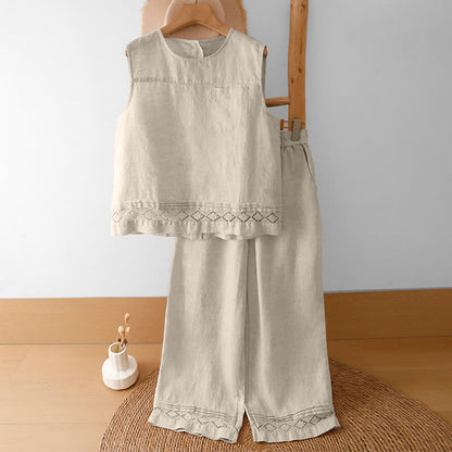 Buddha Stones Summer Casual Vintage Geometric Tank Top Hollow Hem Back Buttons Women's Sleeveless Shirts With Patch Pocket