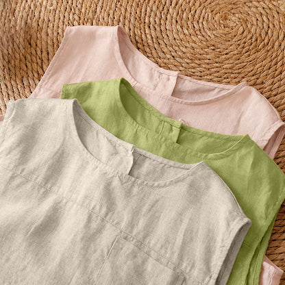 Buddha Stones Summer Casual Vintage Geometric Tank Top Hollow Hem Back Buttons Women's Sleeveless Shirts With Patch Pocket