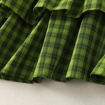 Buddha Stones Summer Casual Green Plaid Pattern Ruffles Cotton Tank Top Women's Sleeveless Shirts