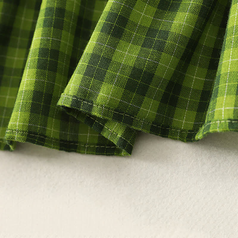 Buddha Stones Summer Casual Green Plaid Pattern Ruffles Cotton Tank Top Women's Sleeveless Shirts
