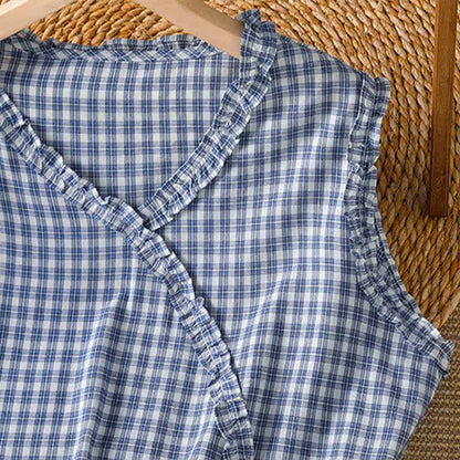 Buddha Stones Summer Casual Vintage Ruffle V-Neck Plaid Tank Top Women's Sleeveless T-Shirts