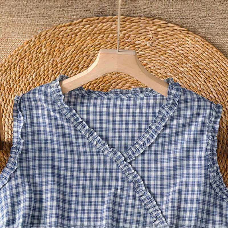 Buddha Stones Summer Casual Vintage Ruffle V-Neck Plaid Tank Top Women's Sleeveless T-Shirts