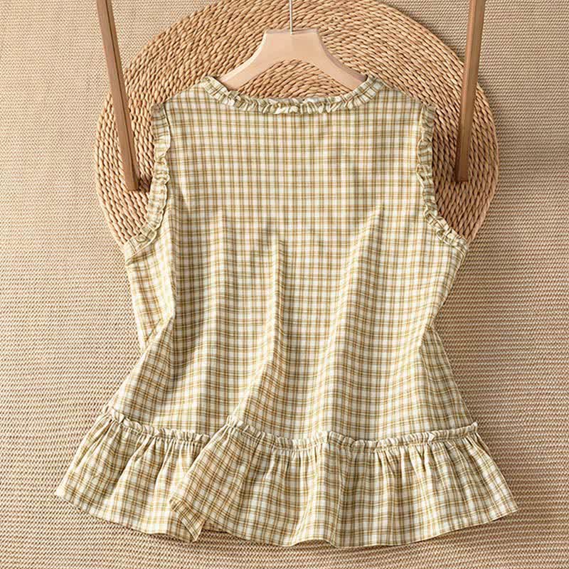 Buddha Stones Summer Casual Vintage Ruffle V-Neck Plaid Tank Top Women's Sleeveless T-Shirts