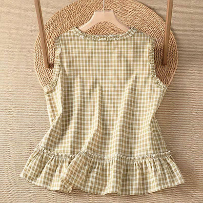 Buddha Stones Summer Casual Vintage Ruffle V-Neck Plaid Tank Top Women's Sleeveless T-Shirts