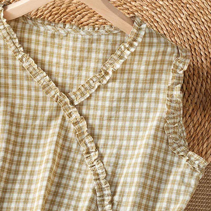 Buddha Stones Summer Casual Vintage Ruffle V-Neck Plaid Tank Top Women's Sleeveless T-Shirts