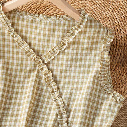 Buddha Stones Summer Casual Vintage Ruffle V-Neck Plaid Tank Top Women's Sleeveless T-Shirts