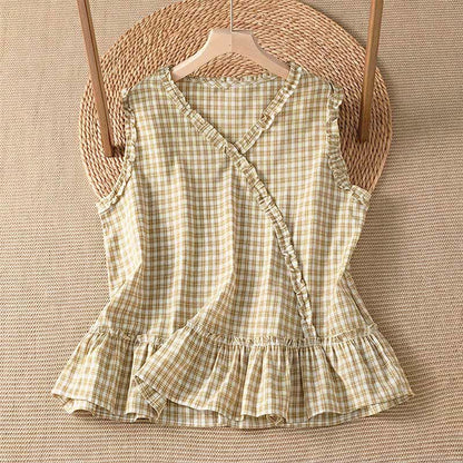Buddha Stones Summer Casual Vintage Ruffle V-Neck Plaid Tank Top Women's Sleeveless T-Shirts