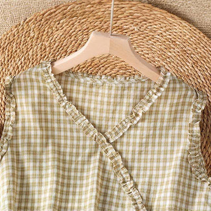 Buddha Stones Summer Casual Vintage Ruffle V-Neck Plaid Tank Top Women's Sleeveless T-Shirts