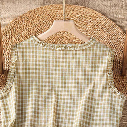 Buddha Stones Summer Casual Vintage Ruffle V-Neck Plaid Tank Top Women's Sleeveless T-Shirts
