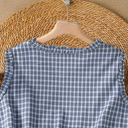 Buddha Stones Summer Casual Vintage Ruffle V-Neck Plaid Tank Top Women's Sleeveless T-Shirts