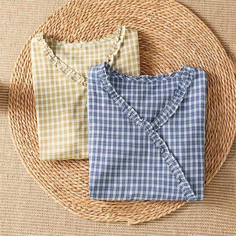 Buddha Stones Summer Casual Vintage Ruffle V-Neck Plaid Tank Top Women's Sleeveless T-Shirts