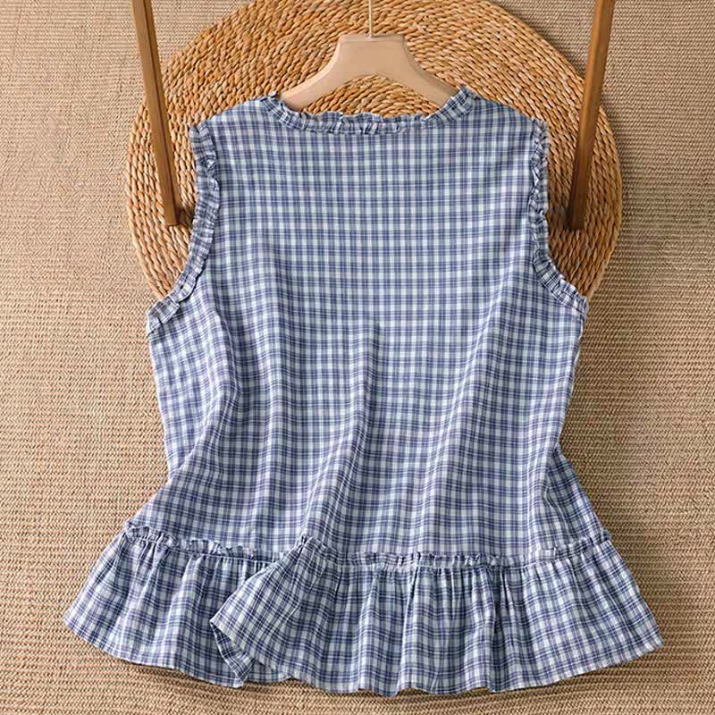 Buddha Stones Summer Casual Vintage Ruffle V-Neck Plaid Tank Top Women's Sleeveless T-Shirts