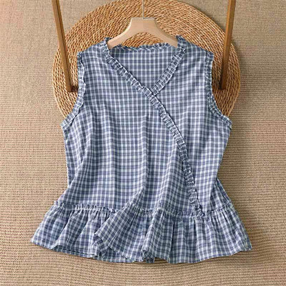 Buddha Stones Summer Casual Vintage Ruffle V-Neck Plaid Tank Top Women's Sleeveless T-Shirts