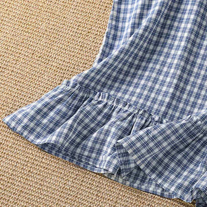 Buddha Stones Summer Casual Vintage Ruffle V-Neck Plaid Tank Top Women's Sleeveless T-Shirts