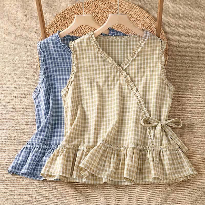 Buddha Stones Summer Casual Vintage Ruffle V-Neck Plaid Tank Top Women's Sleeveless T-Shirts