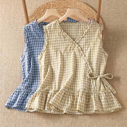 Buddha Stones Summer Casual Vintage Ruffle V-Neck Plaid Tank Top Women's Sleeveless T-Shirts