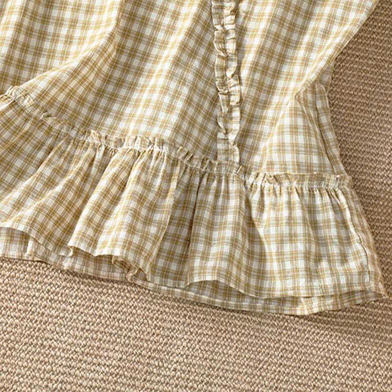 Buddha Stones Summer Casual Vintage Ruffle V-Neck Plaid Tank Top Women's Sleeveless T-Shirts