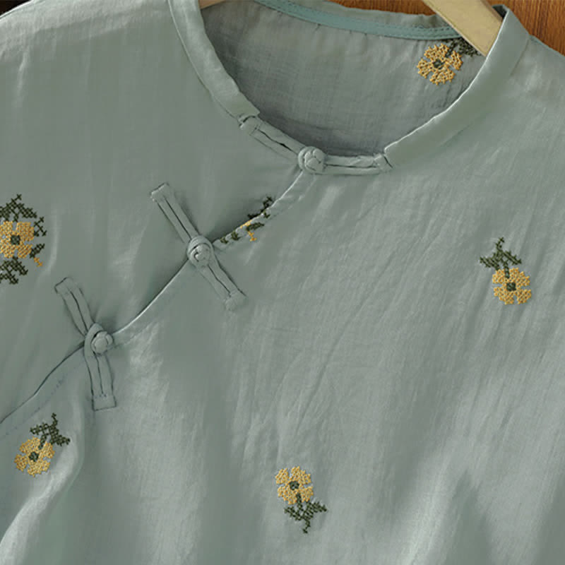 Buddha Stones Summer Casual Tang Style Mandarin Collar Embroidery Floral Tank Top Women's Sleeveless Shirts