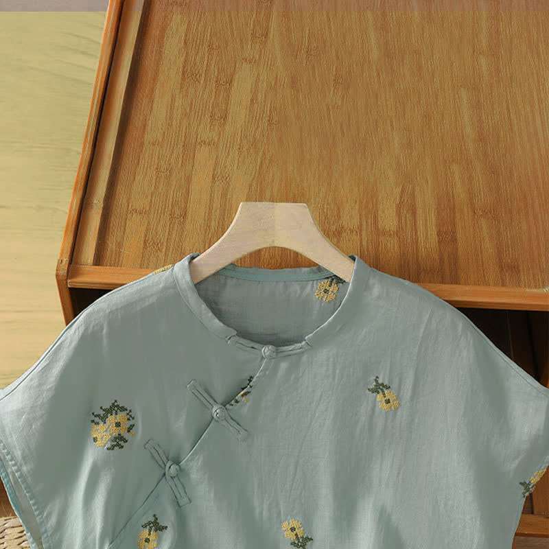 Buddha Stones Summer Casual Tang Style Mandarin Collar Embroidery Floral Tank Top Women's Sleeveless Shirts