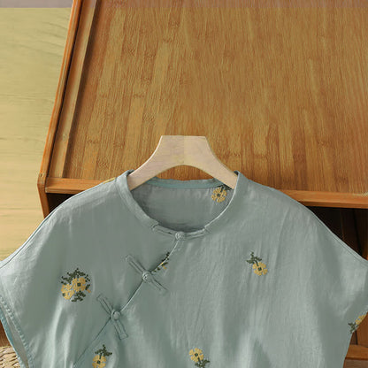 Buddha Stones Summer Casual Tang Style Mandarin Collar Embroidery Floral Tank Top Women's Sleeveless Shirts