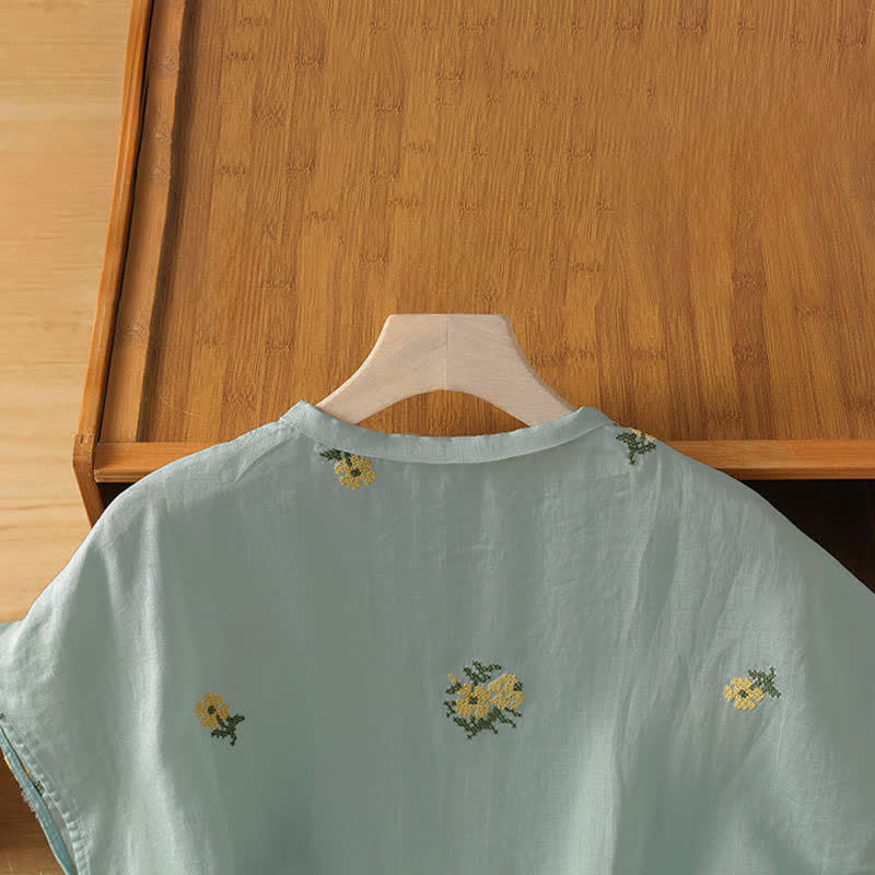Buddha Stones Summer Casual Tang Style Mandarin Collar Embroidery Floral Tank Top Women's Sleeveless Shirts