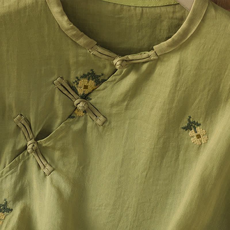 Buddha Stones Summer Casual Tang Style Mandarin Collar Embroidery Floral Tank Top Women's Sleeveless Shirts