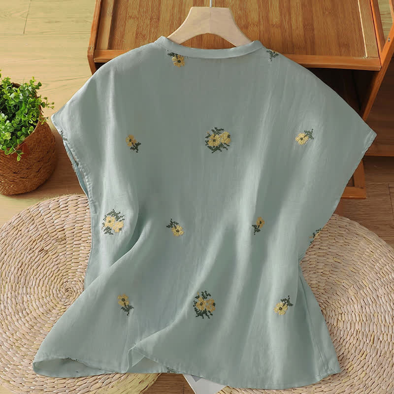 Buddha Stones Summer Casual Tang Style Mandarin Collar Embroidery Floral Tank Top Women's Sleeveless Shirts