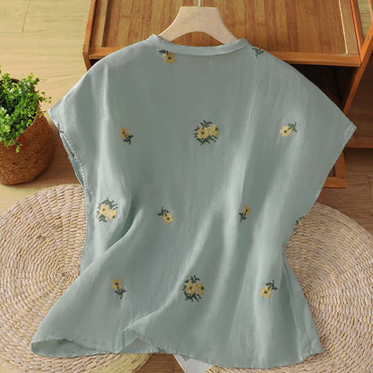 Buddha Stones Summer Casual Tang Style Mandarin Collar Embroidery Floral Tank Top Women's Sleeveless Shirts