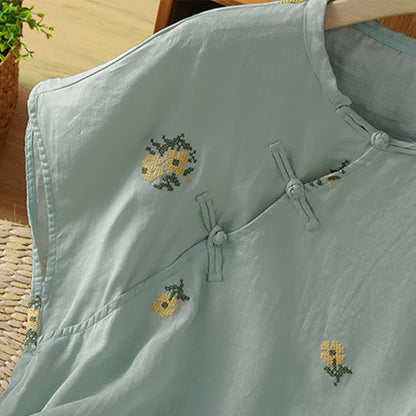 Buddha Stones Summer Casual Tang Style Mandarin Collar Embroidery Floral Tank Top Women's Sleeveless Shirts