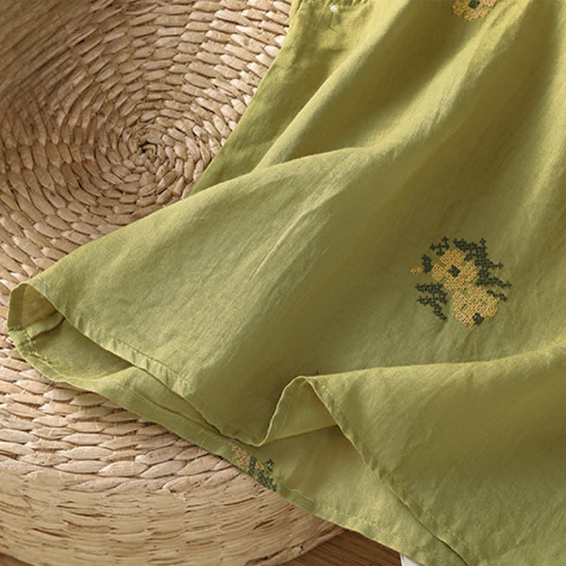 Buddha Stones Summer Casual Tang Style Mandarin Collar Embroidery Floral Tank Top Women's Sleeveless Shirts