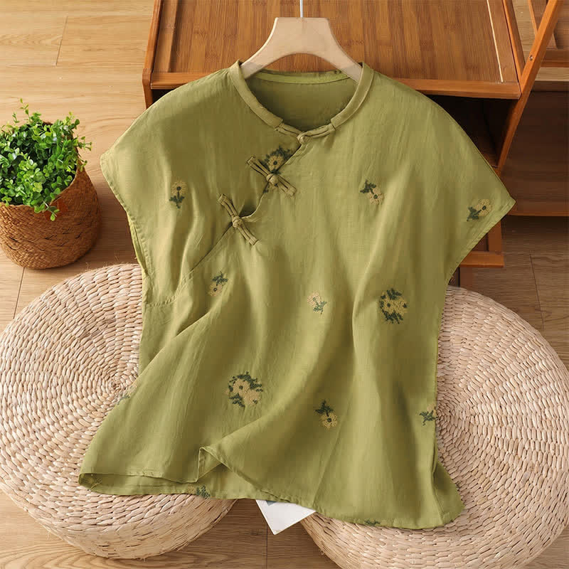 Buddha Stones Summer Casual Tang Style Mandarin Collar Embroidery Floral Tank Top Women's Sleeveless Shirts