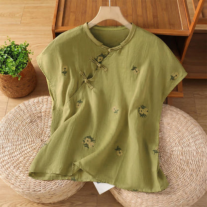 Buddha Stones Summer Casual Tang Style Mandarin Collar Embroidery Floral Tank Top Women's Sleeveless Shirts